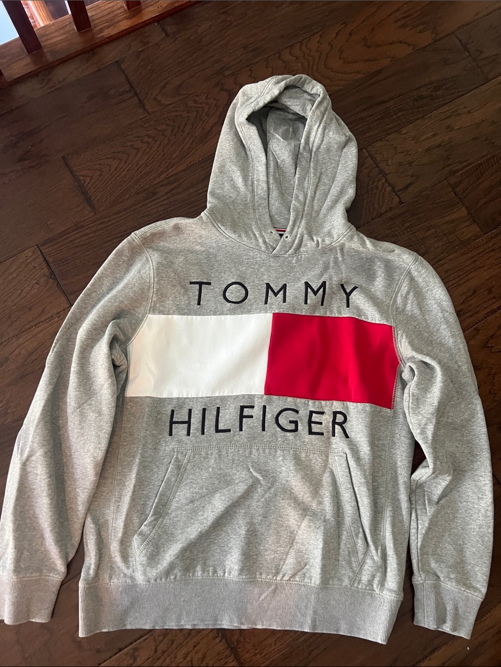 Tommy Hilfiger Gray Crewneck Hoodie with White & Red Flag Panel